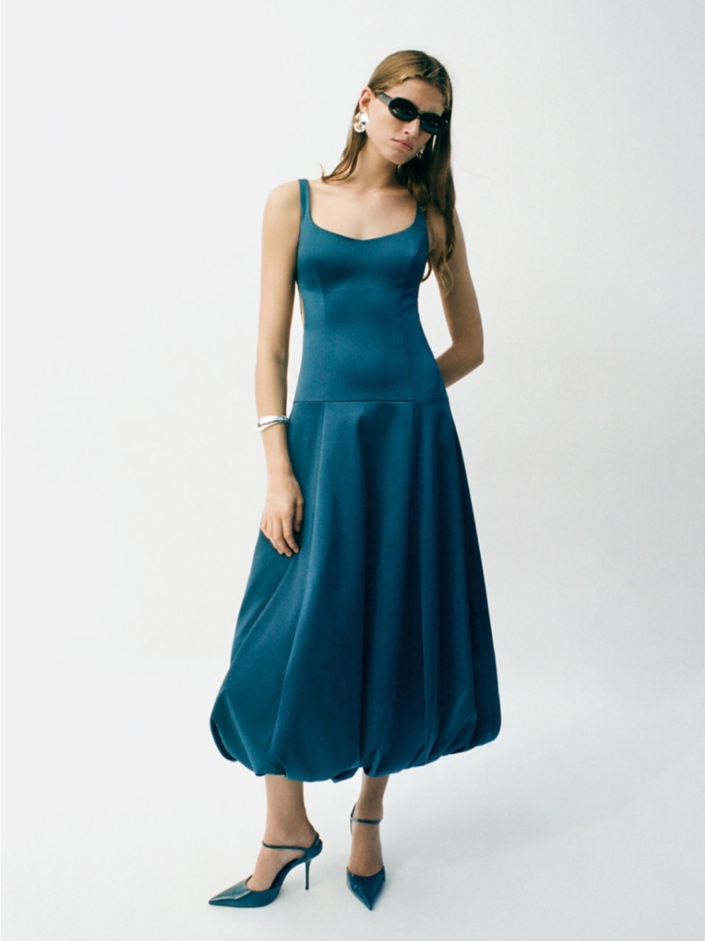 Zara Teal Blue Satin Bubble-Hem Midi Dress